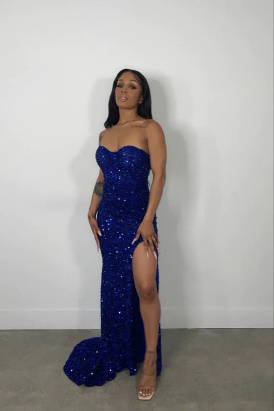 Sparkly Blue Sequins Strapless Prom Dress Slit Mermaid Party Evening Gown - VelvetHem