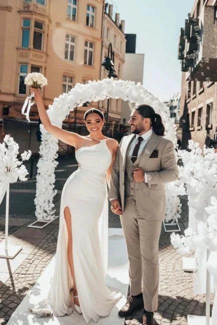 Obsessing Long White One Shoulder Sleeveless Beading Wedding Dress with Slit (ZD15553) - VelvetHem