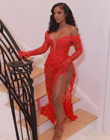 Sexy Lace Slit Mermaid Prom Dress Red Evening Dress - VelvetHem
