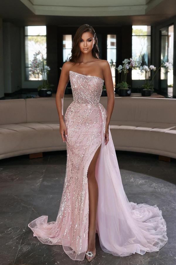 Strapless Pink Mermaid Evening Dress With Beadings Split - VelvetHem