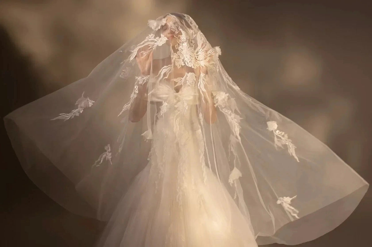 Gorgeous Long Ball Gown Off-the-Shoulder Satin & Tulle Wedding Dress with 3D Embroidery & Cathedral Train (ZD16909)