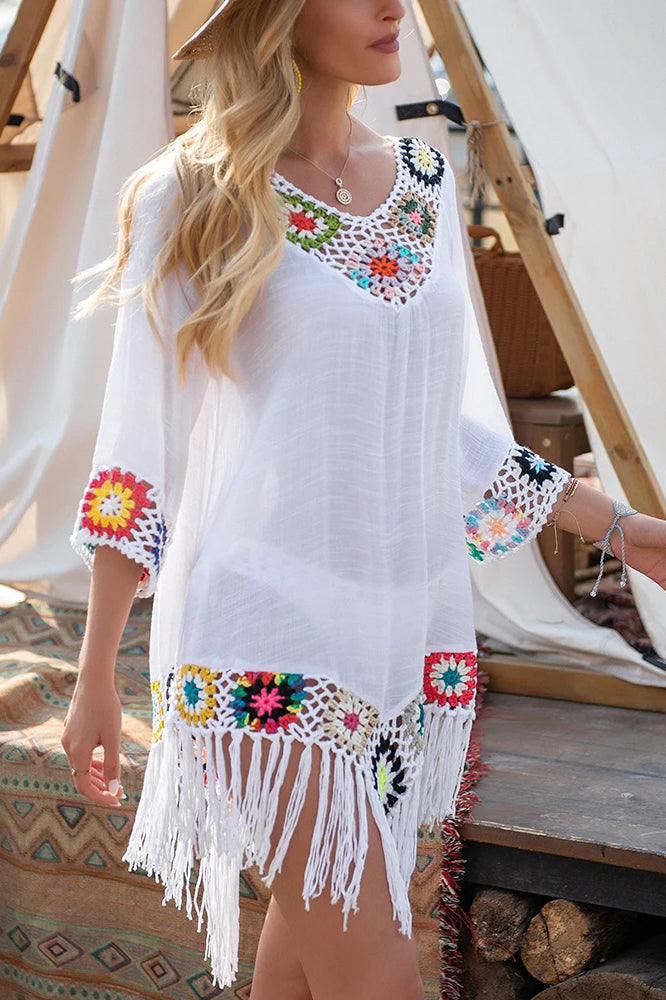 White Fringe Trim Dress with Relaxed Fit and Modern Casual Wear