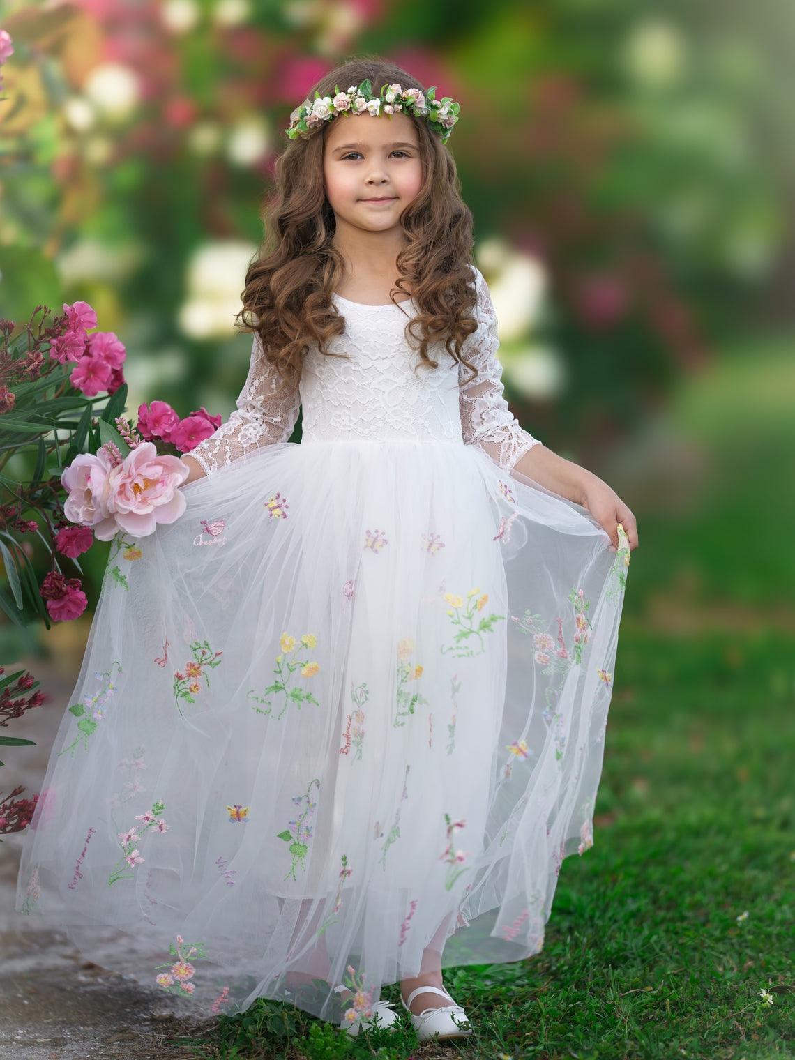 Floral Lace Embroidered Tulle A-Line Floor Length Garden Flower Girl Dress - VelvetHem