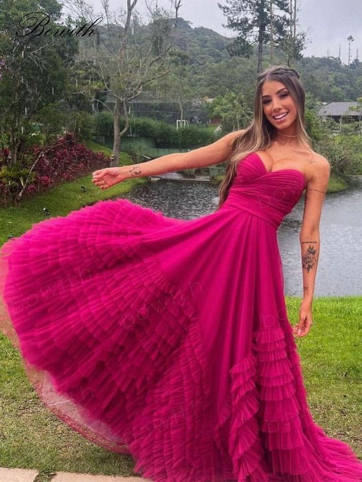 Pink Sweetheart Multilayer Prom Dress Strapless A-line Tulle Maxi Dress - View 3 | VelvetHem