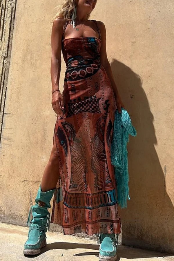 Griselda Exclusive Midi Dress with a Unique Gypsy Style Print, Cowl Neckline At the Back, Lace Up Fastening and Slit Evening Wear Edit