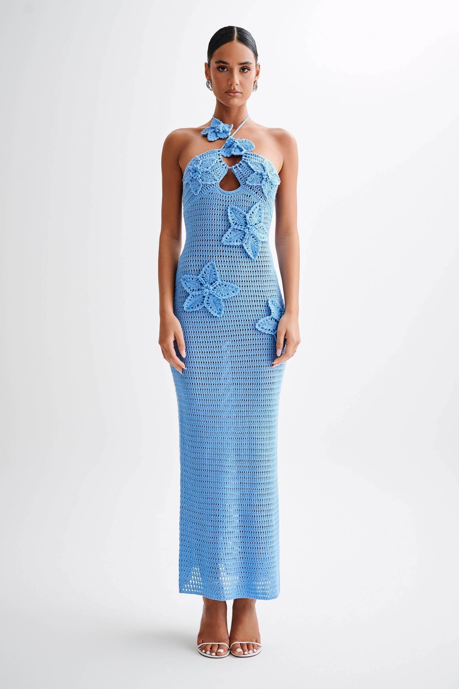 Yasmina Chic Crocheted Maxi Dress with Floral Appliqué Boutique Collection
