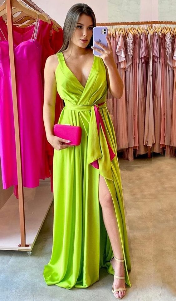 A-line Deep V-neck Long Prom Dresses With Split - VelvetHem