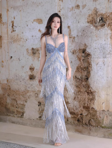 Glitter Spaghetti Straps Sequin Beaded Mermaid Long Evening Dress Birthday Prom Dress With Tassel