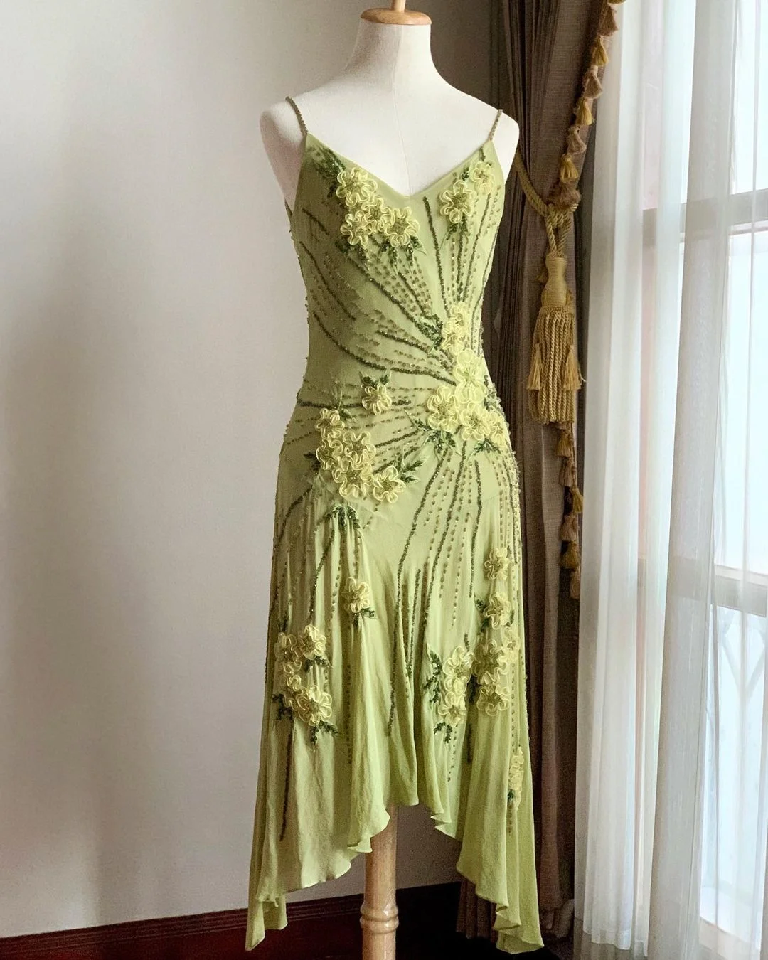 Pretty Green Spaghetti Straps Chiffon Beaded Mermaid Party Dress Long Evening Dress - VelvetHem