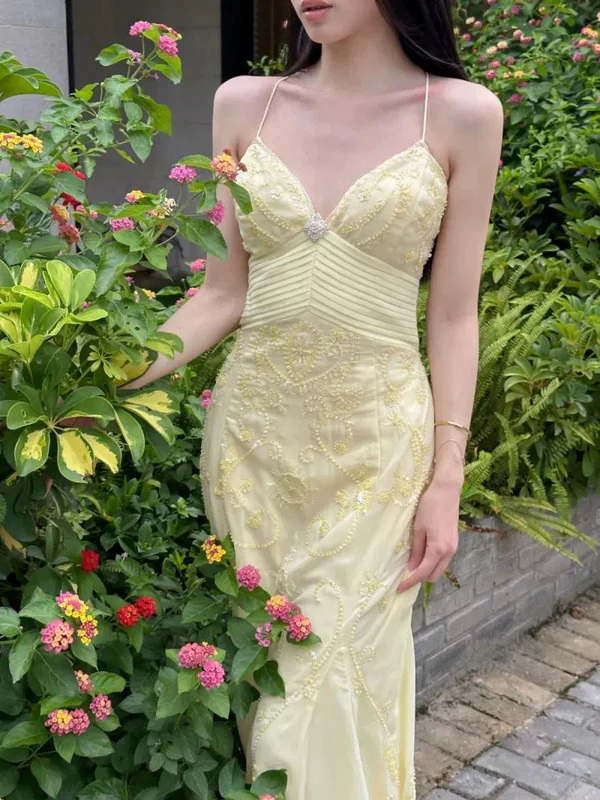 Beautiful Mermaid Spaghetti Straps Yellow Chiffon Beaded Prom Dress Long Party Evening Dress