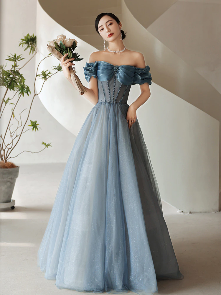 Fashion Women Evening Dress Floor Length Grey Blue Boat Neck Elegant A Line Dress Long Prom Dress cc64 - VelvetHem