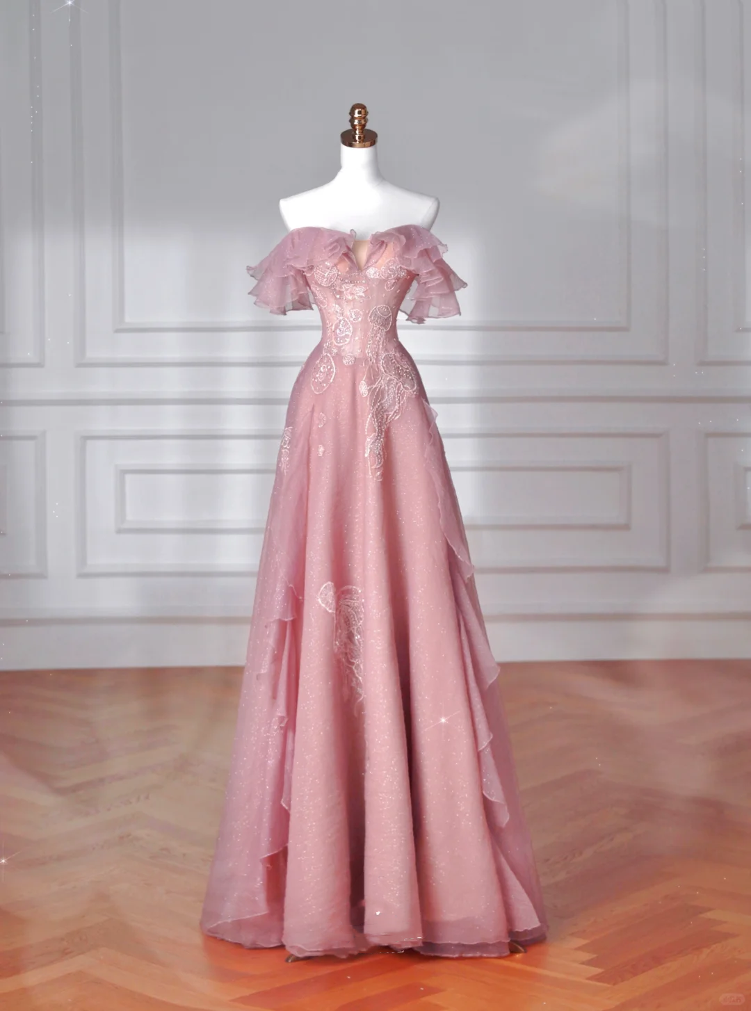 Sweet Pink Tulle Sequins Beaded A Line Prom Dress Off The Shoulder Long Evening Dress Y8643 - VelvetHem