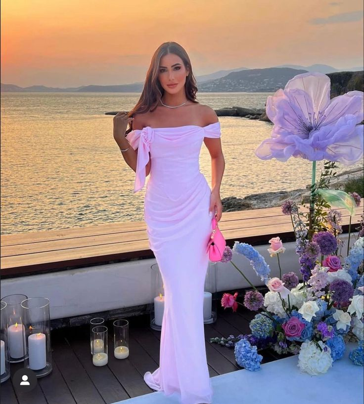 Elegant Pink Off The Shoulder Sheath Long Prom Dress Evening Dress - VelvetHem