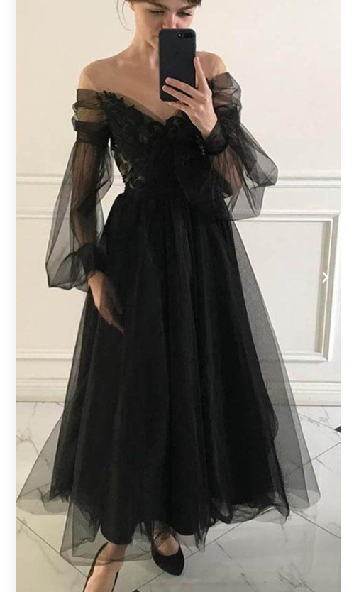 Elegant Black Off-shoulder Tulle Lace Top A-line Ankle-length Prom Dress - VelvetHem