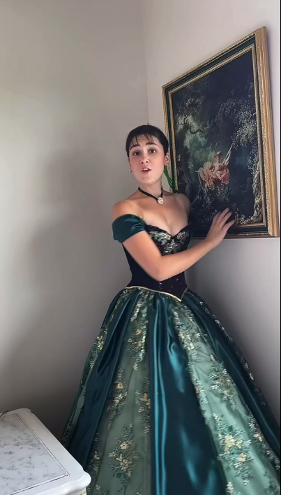 Vintage Off The Shoulder Green Satin Lace Applique Ball Gown Sweet 16 Dress - View 2 | VelvetHem