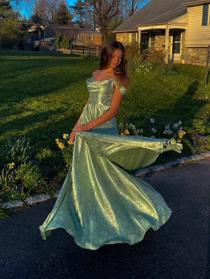 Pretty Green Spaghetti Straps Off The Shoulder Satin Print Floral A Line Prom Dress Long Party Gown
