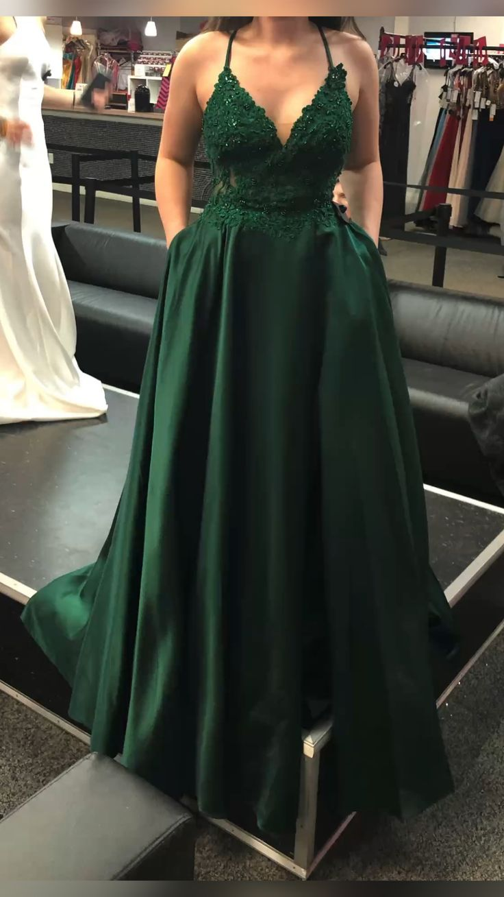 Dark Green V Neck A-line Evening Dress With Pockets Y5738 - VelvetHem