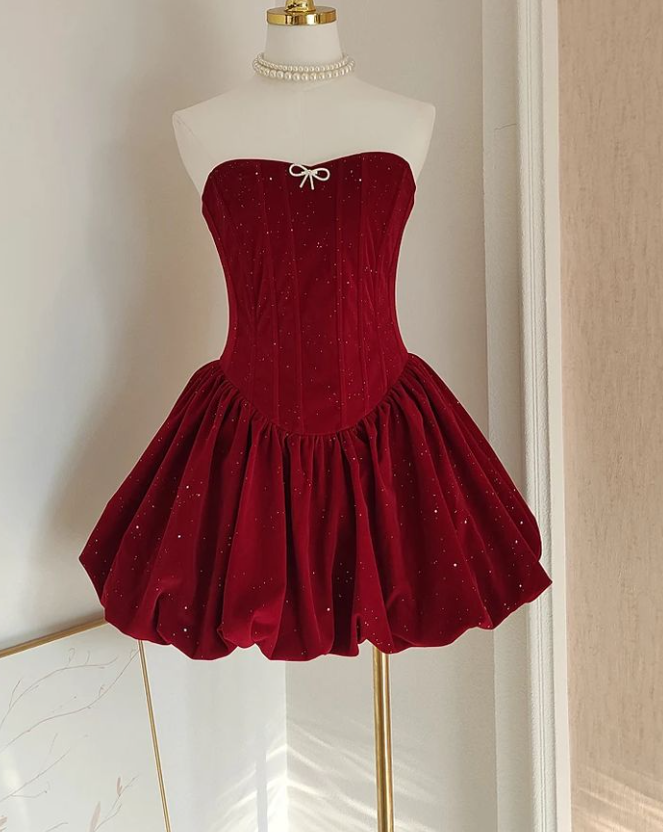 Cute Burgundy Velvet Homecoming Dress Pleated Shiny Cocktail Dress Y7752 - VelvetHem
