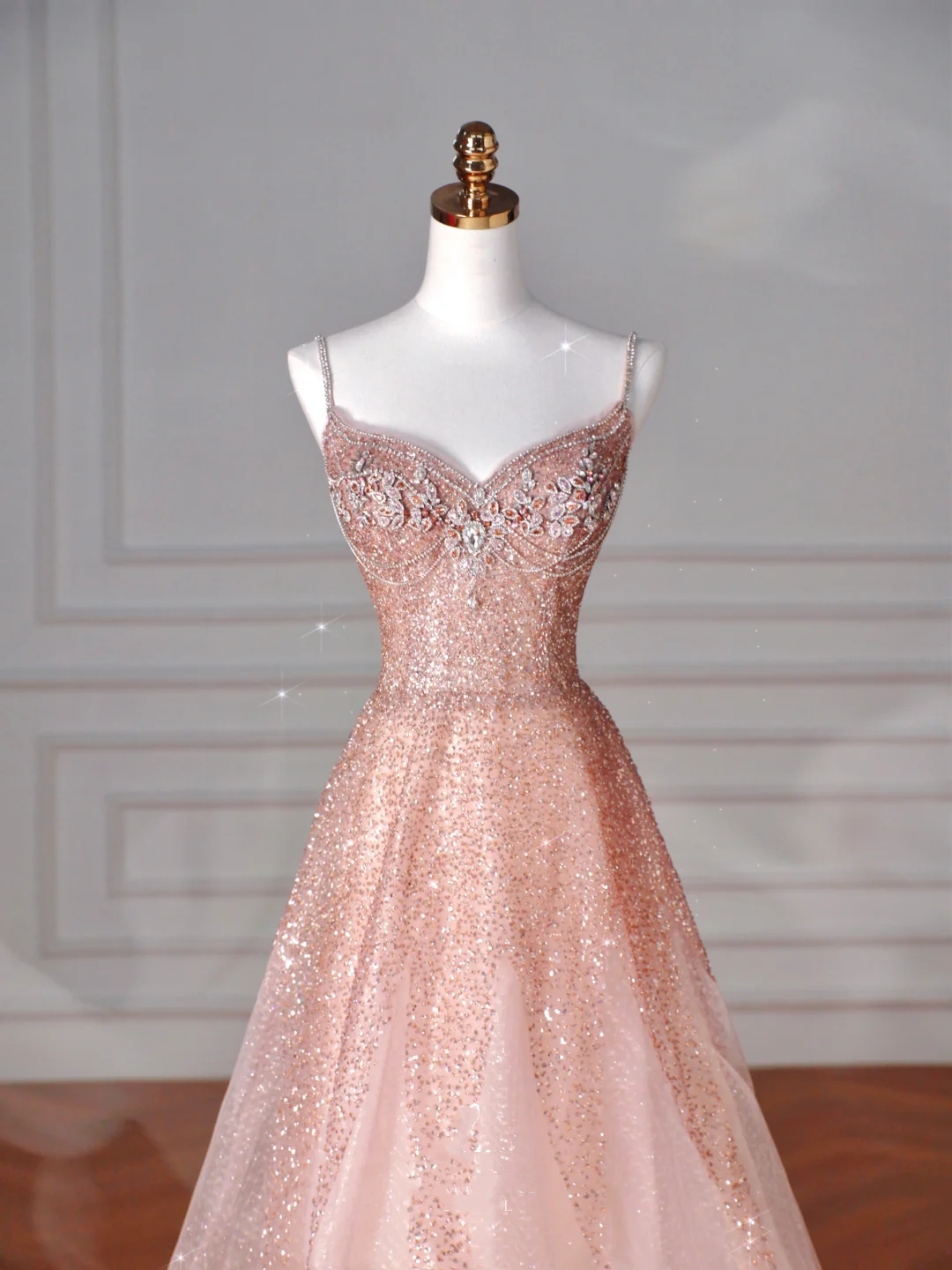 Glitter Pink Tulle Sequins Beaded Prom Dress Spaghetti Straps A Line Evening Dress Y8619