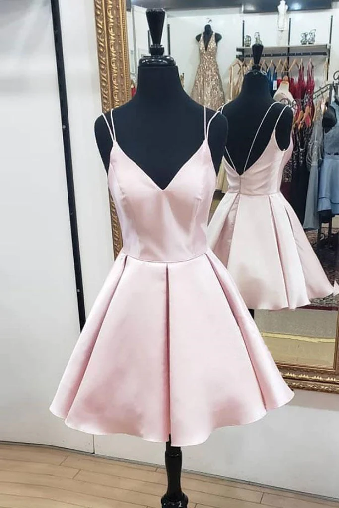 Cute V Neck Open Back Pink Short Dress, Backless Pink Homecoming Dress cc10 - VelvetHem
