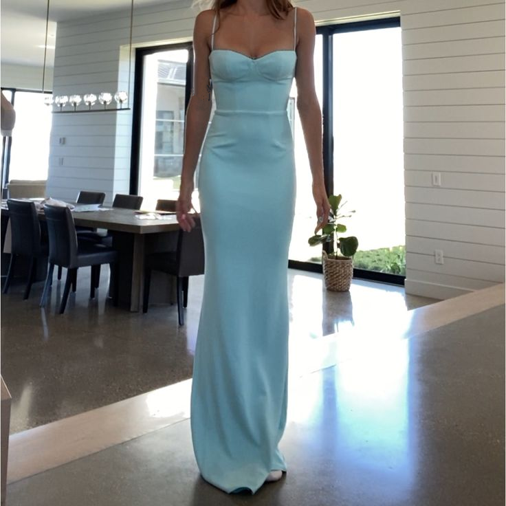 Elegant Blue Spaghetti Straps Sheath Evening Dress,Long Party Prom Dress - VelvetHem