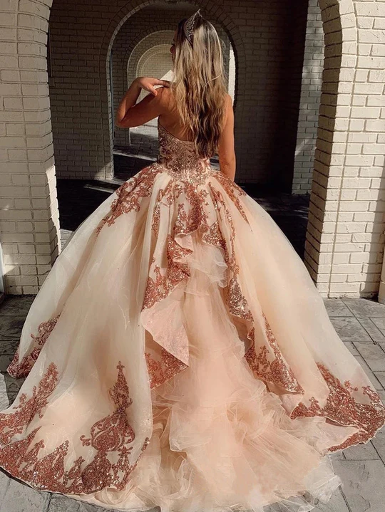 Rose Gold Sequins Ball Gown Sweetheart Strapless Quinceanera Dresses with Beads - VelvetHem