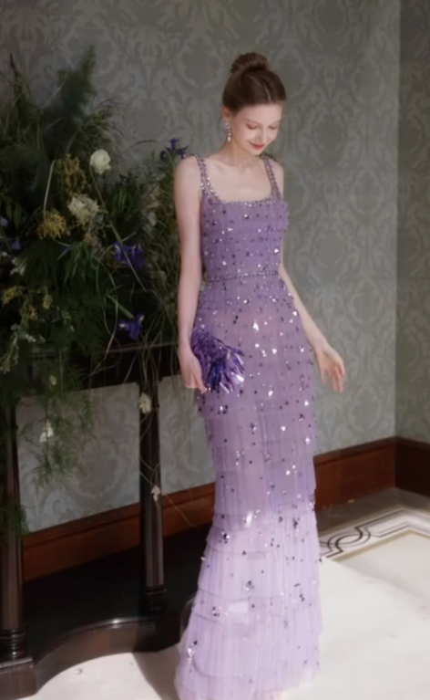 Gorgeous Lilac Sequins Evening Dress,Long Tulle Layered Prom Gown - VelvetHem