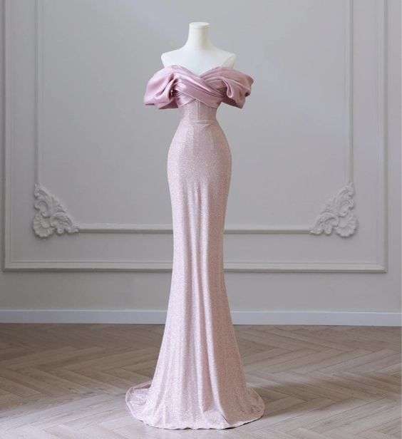 Flesh Pink Sequin Evening Gown Elegant Women's Off Shoulder Party Prom Evening Dress Y6963 - VelvetHem