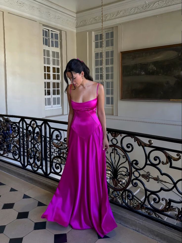 Charming Hot Pink Straps Satin A Line Long Evening Dress Party Dress - VelvetHem