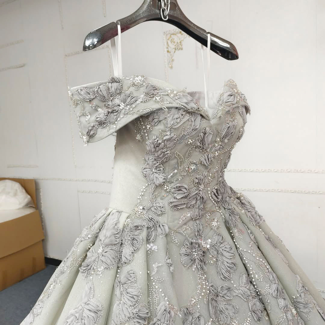 Beautiful A Line Off the Shoulder Grey Ball Gown Quinceanera Dress with Appliques Criss Cross Back - View 4 | VelvetHem