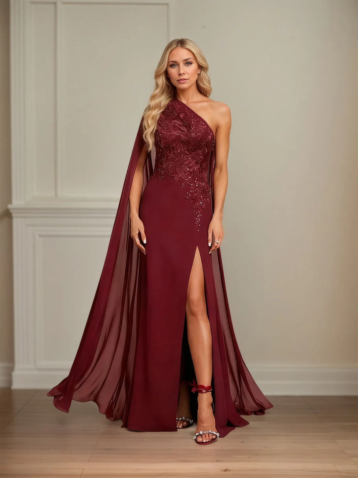 Sheath/Column One Shoulder Floor-Length Chiffon Mother of the Bride Dress With Appliques - VelvetHem