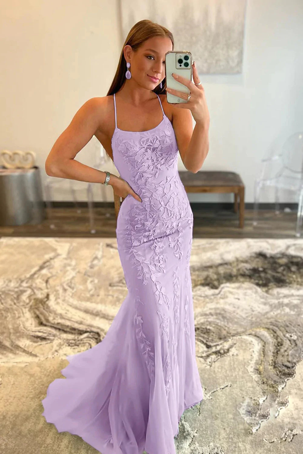 Mermaid Spaghetti Straps Hot Pink Long Prom Dress with Appliques - View 10 | VelvetHem