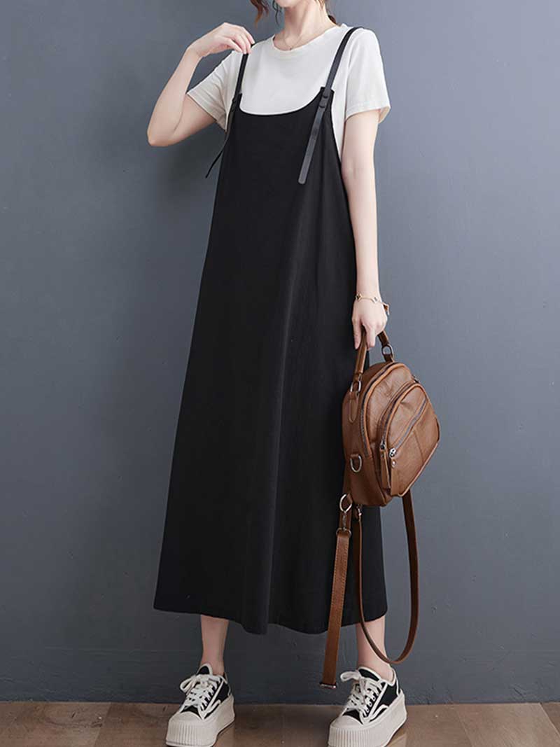 Plain Green Black Hemp Material Salopette Dress
