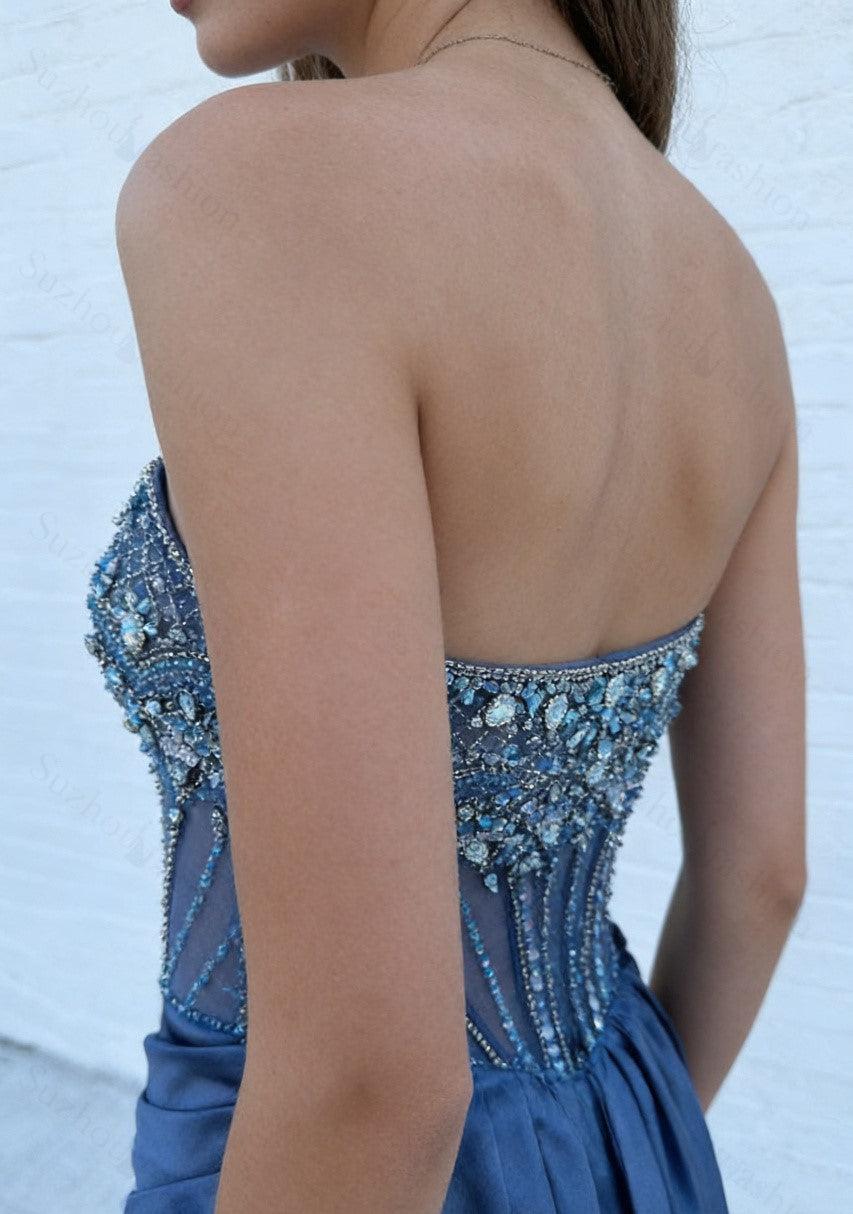 Dusty Blue Prom Dress Strapless Corset Long Formal Dress With Slit