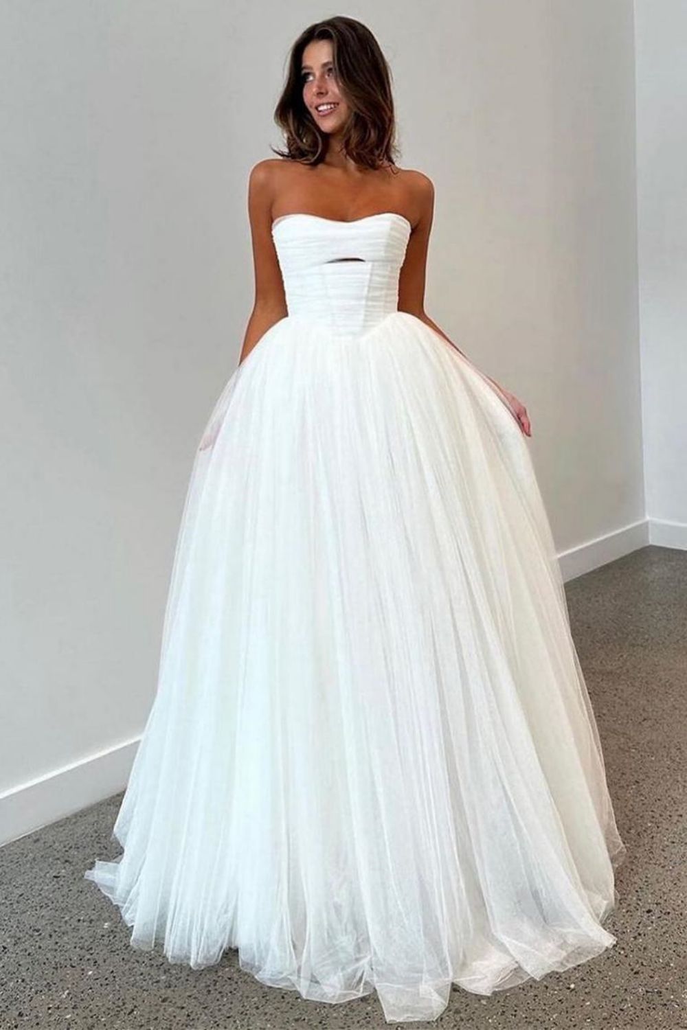 Elegant A Line Strapless White Tulle Long Bridal Dress with Sweep Train - VelvetHem