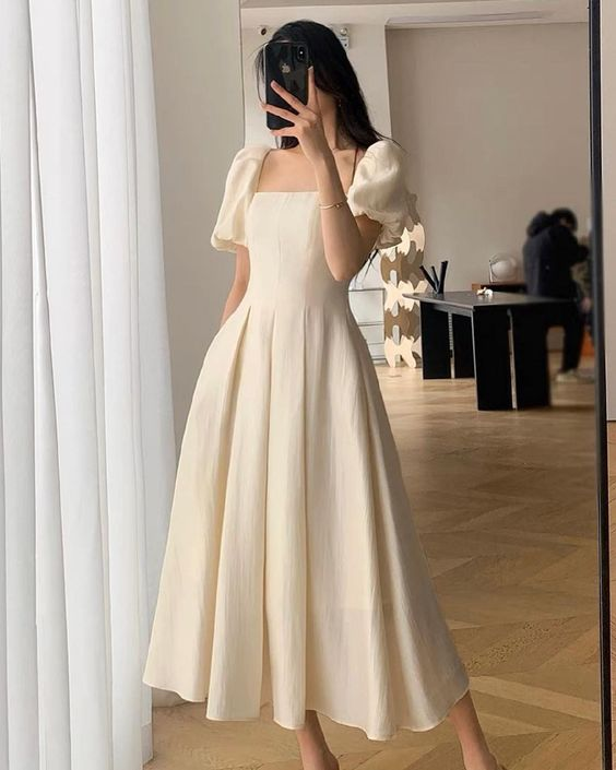 White Puff Sleeve Square Collar Maxi Dress For Women Party Dress - VelvetHem