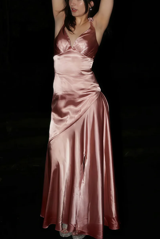 Fashion Pink V Neck Satin Slit Evening Dress Long Party Prom Dress - VelvetHem