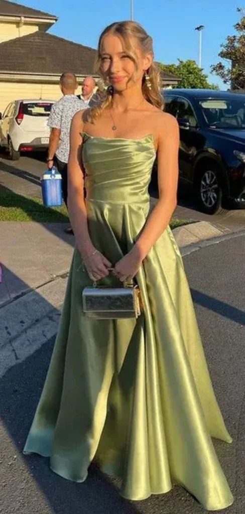 Classy Green Satin Pleated Prom Dress A Line Evening Dress Y7815 - VelvetHem