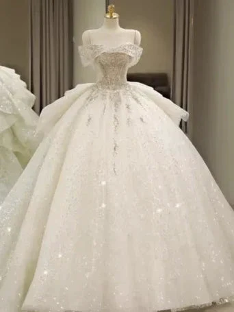 Off Shoulder Wedding Dresses, Large Trailing Princess Tail Dress, Backless White Wedding Dress (ZD13709)