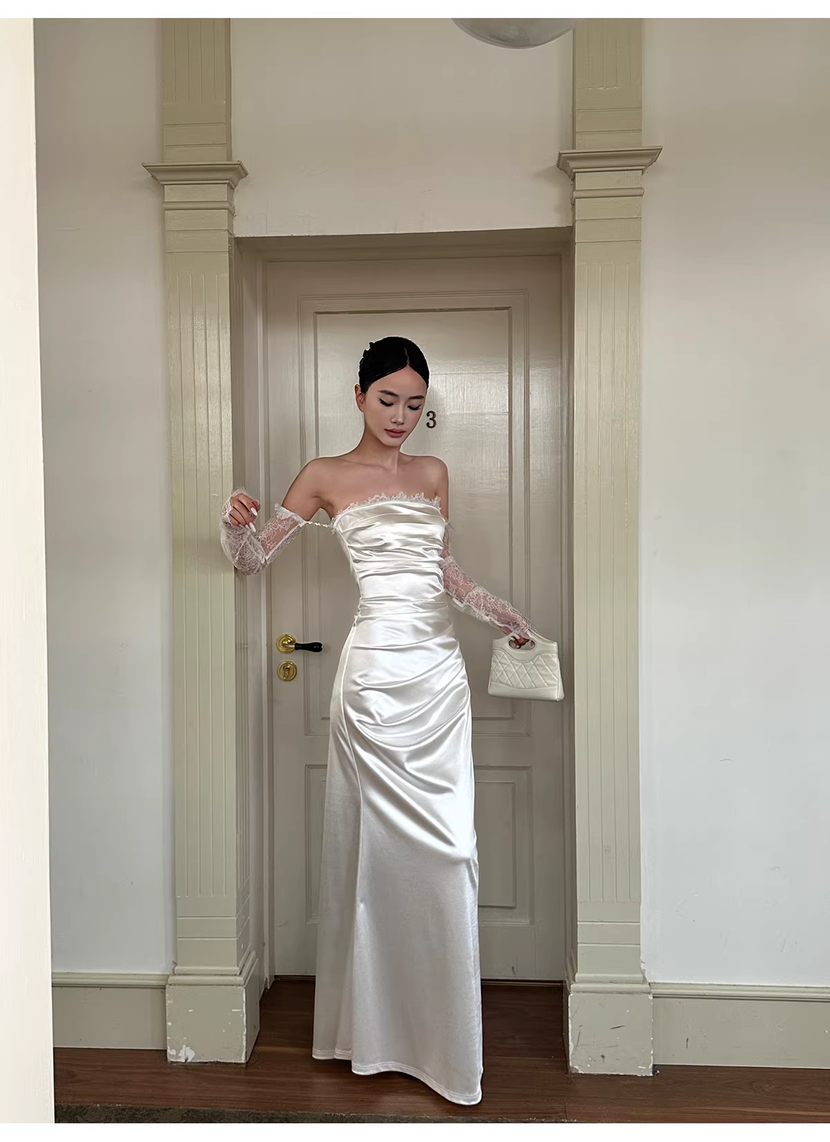 Classy White Off The Shoulder Satin Lace Mermaid Long Wedding Guest Dress Formal Evening Dress Prom Gown - View 6 | VelvetHem