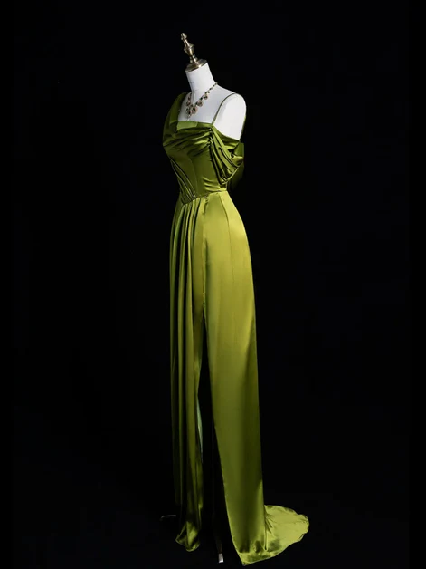 Classy Green Soft Satin One Shoulder Prom Dress, A-Line Long Slit Party Evening Dress