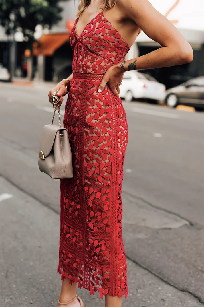 Classy Sheath Spaghetti Straps Red Lace Prom Dresses Summer Wedding Guest Dresses Wedding Guest Outfits - VelvetHem