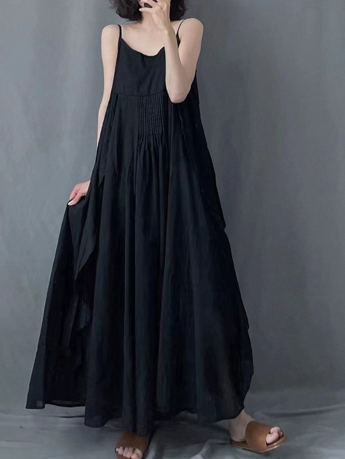 Black Pleated Irregular Suspender Maxi Dress Sleeveless