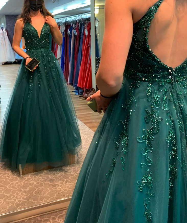 A-Line Green V Neck Beaded Tulle Long Prom Dress, Formal Dress fg6881 - View 2 | VelvetHem