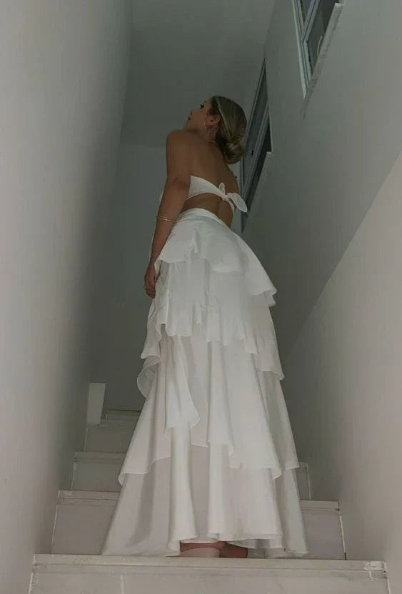 Elegant Two Pieces Strapless Long White Tiered Prom Dress Birthday Outfits fg7164 - VelvetHem