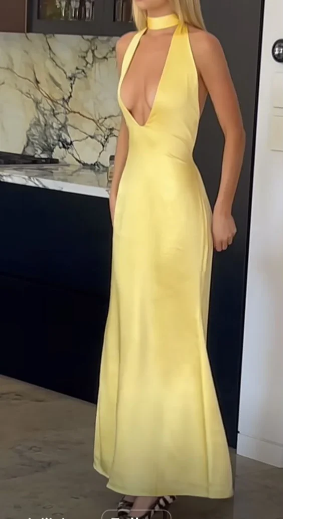 Yellow Deep V Neck Backless Sheath Long Party Dress Prom Dresses fg7132 - View 2 | VelvetHem