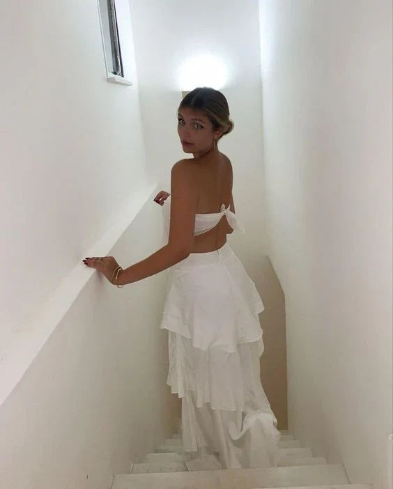 Elegant Two Pieces Strapless Long White Tiered Prom Dress Birthday Outfits fg7164 - View 2 | VelvetHem