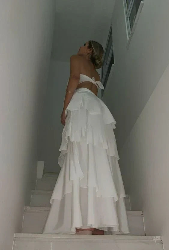 Elegant Two Pieces Strapless Long White Tiered Prom Dress Birthday Outfits fg7164