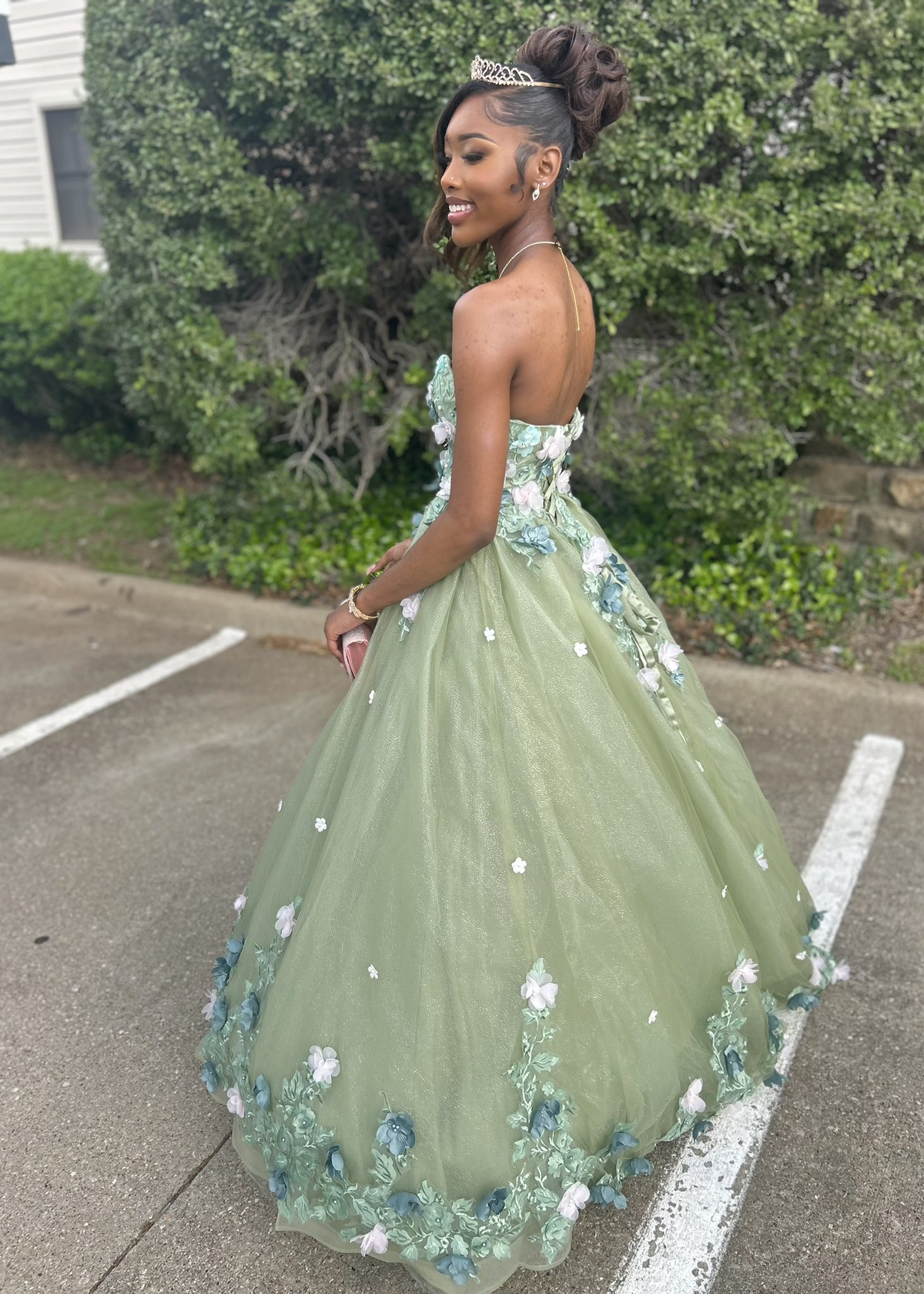 Strapless Green Quinceanera Dresses 3D Flower Applique Sweet 16 Dress Ball Gown fg6883 - View 3 | VelvetHem