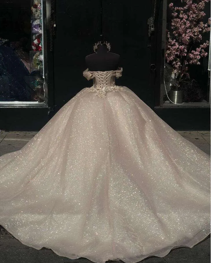 Shimmering Champagne Princess Quinceanera Dress with Off-the-Shoulder Glitter Corset for Sweet 16 Prom fg6833 - View 2 | VelvetHem